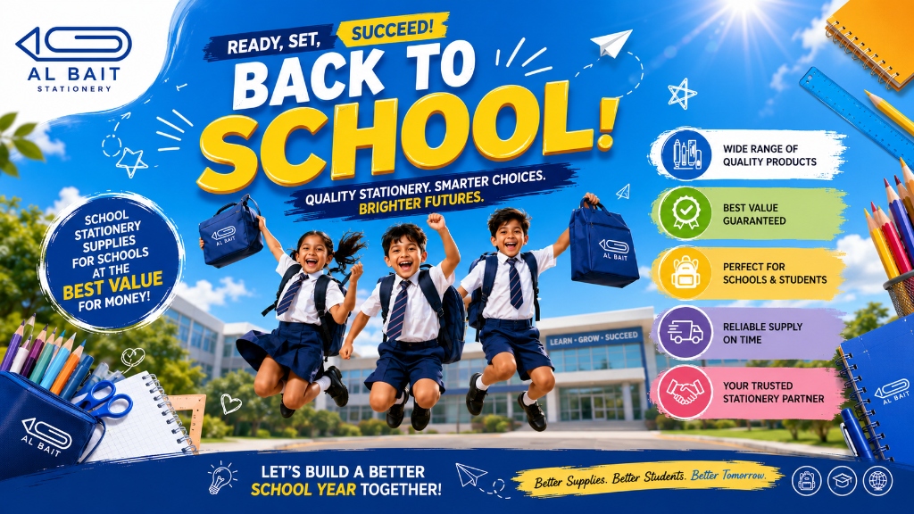 Al Bait Back to School Banner - Quality Stationery, Smarter Choices, Brighter Futures.