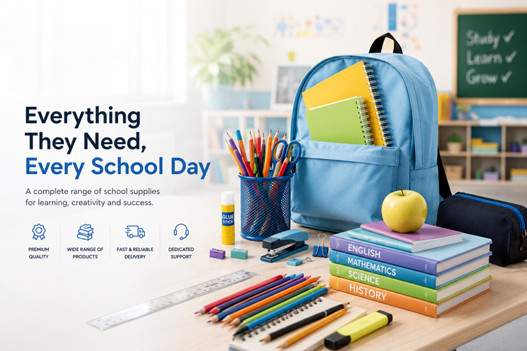 Al Bait School Supplies Banner - Everything They Need, Every School Day.